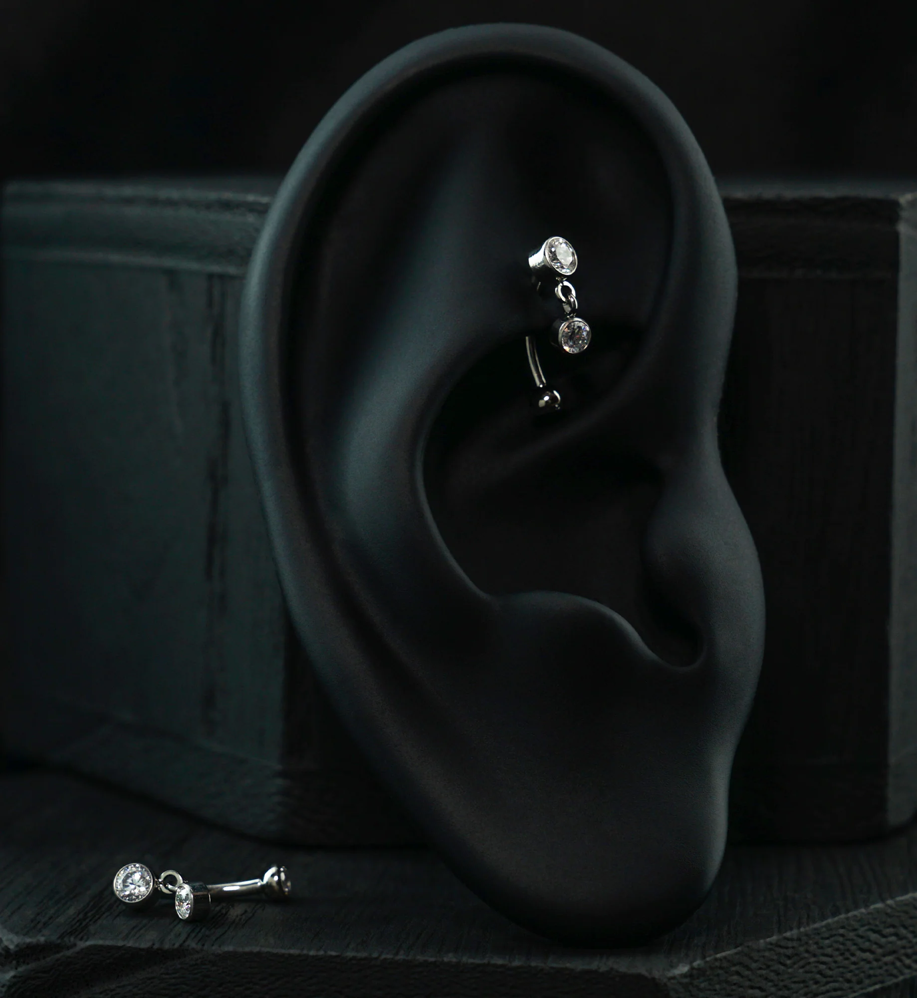 Bezel Floating Clear CZ Dangle Titanium Internally Threaded Curved Barbell - Image 2