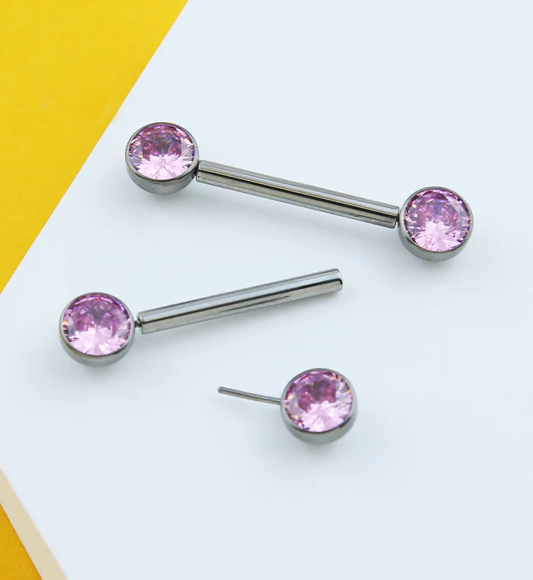 Bezel Pink CZ Threadless Titanium Nipple Barbells - Image 2