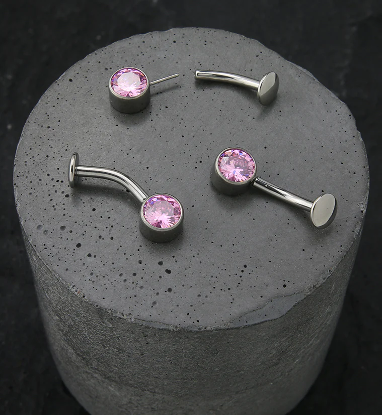 Bezel Pink CZ Titanium Threadless Floating Belly Button Ring - Image 2