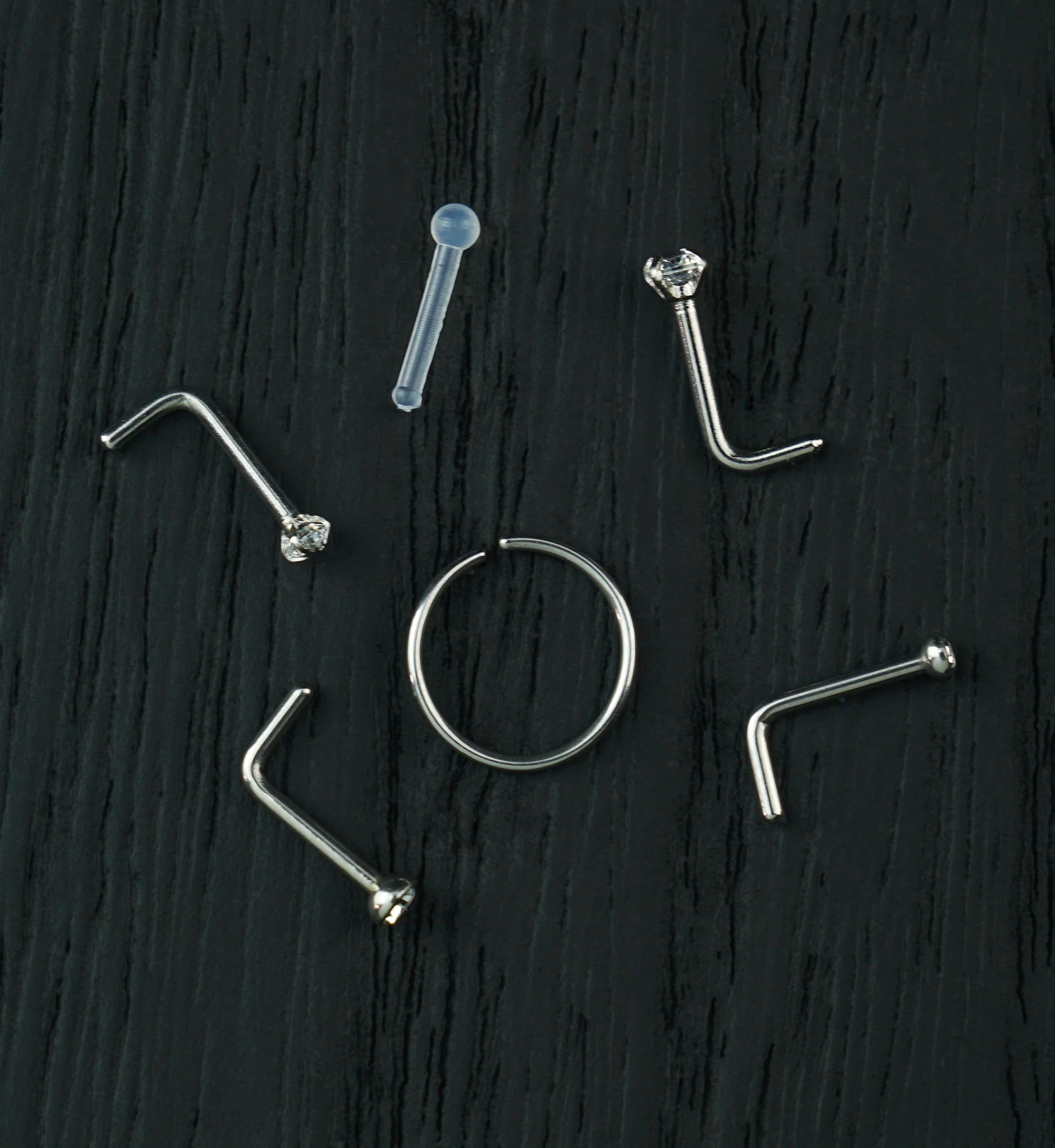 Bezel/Prong Clear CZ Stainless Steel L Bend/Stud/Hoop Nose Ring Pack (6 Pc)