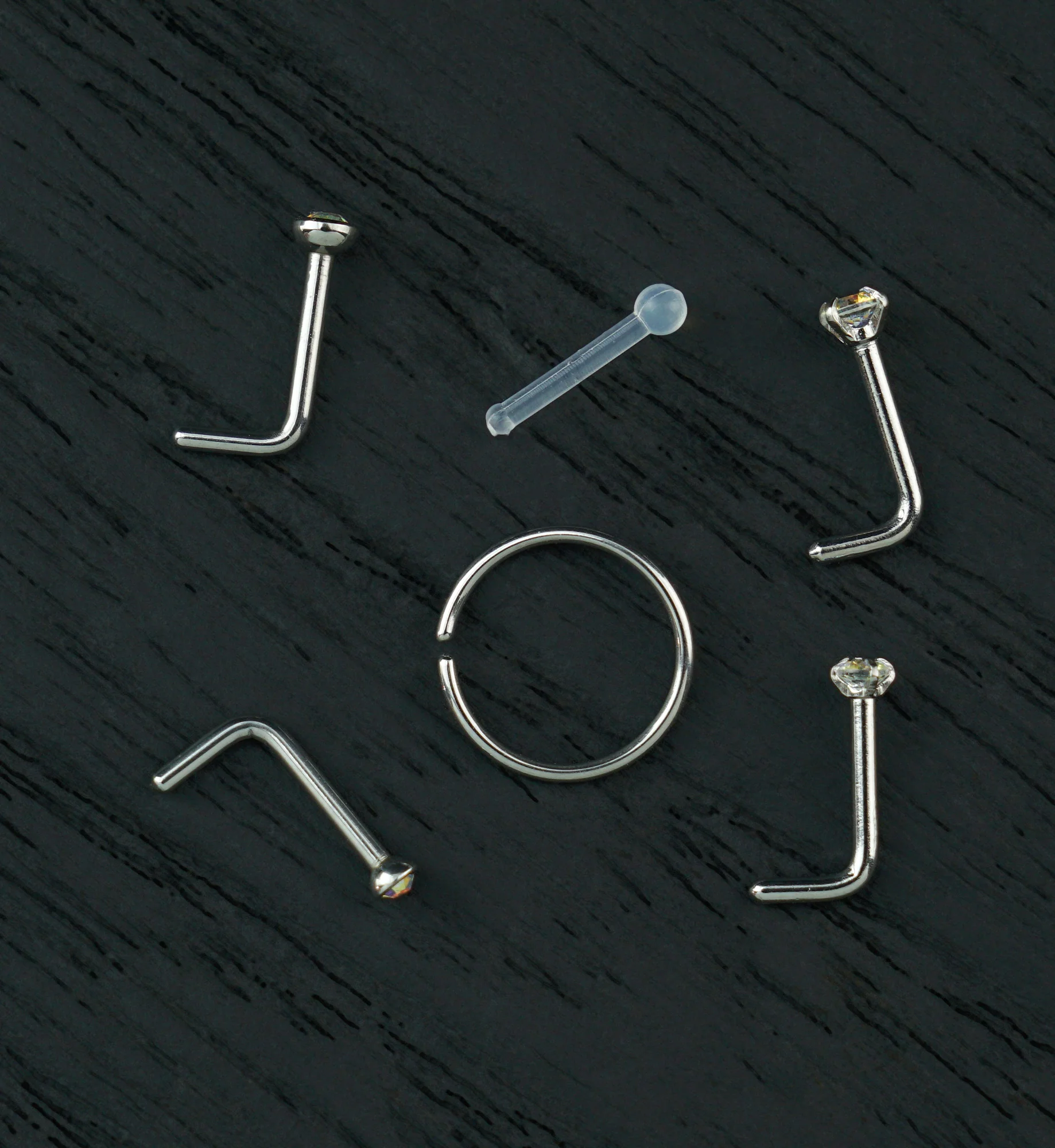Bezel/Prong Rainbow Aurora CZ Stainless Steel L Bend/Stud/Hoop Nose Ring Pack (6 Pc)