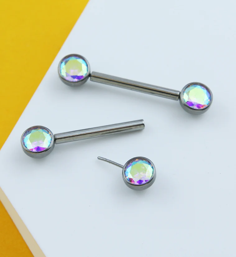 Bezel Rainbow Aurora CZ Threadless Titanium Nipple Barbells - Image 2