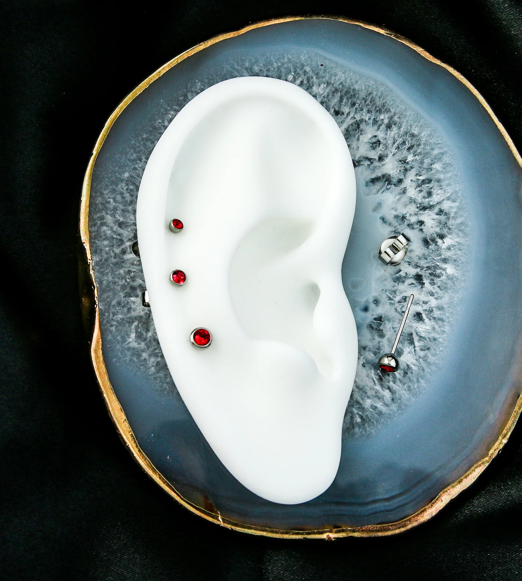 Red CZ Bezel Stainless Steel Stud Earrings - Image 2