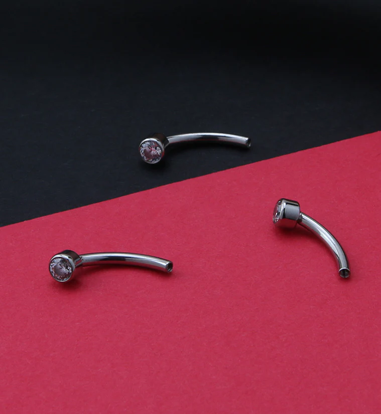 Bezel Set CZ Gem Disk Titanium Curved Threadless Barbell - Image 2