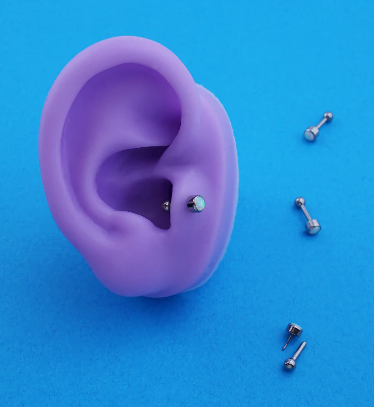 Bezel White Opalite Titanium Threadless Cartilage Barbell - Image 2