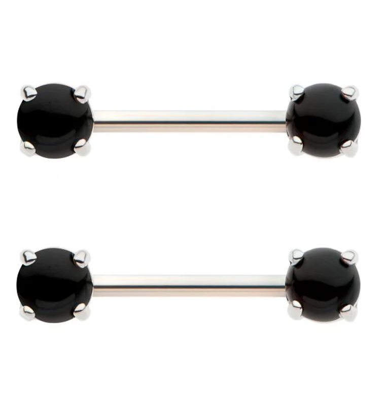 Black Agate Stone Prong Stainless Steel Nipple Barbell