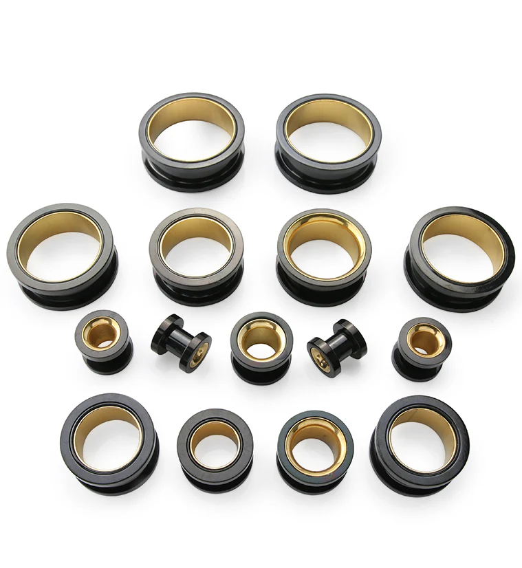 Black and Gold PVD Stainless Steel Screw Back Tunnels - Image 2