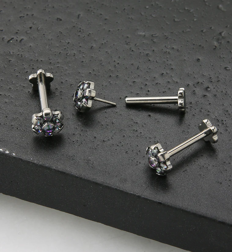 Black Aurora CZ Flower Titanium Threadless Labret - Image 2