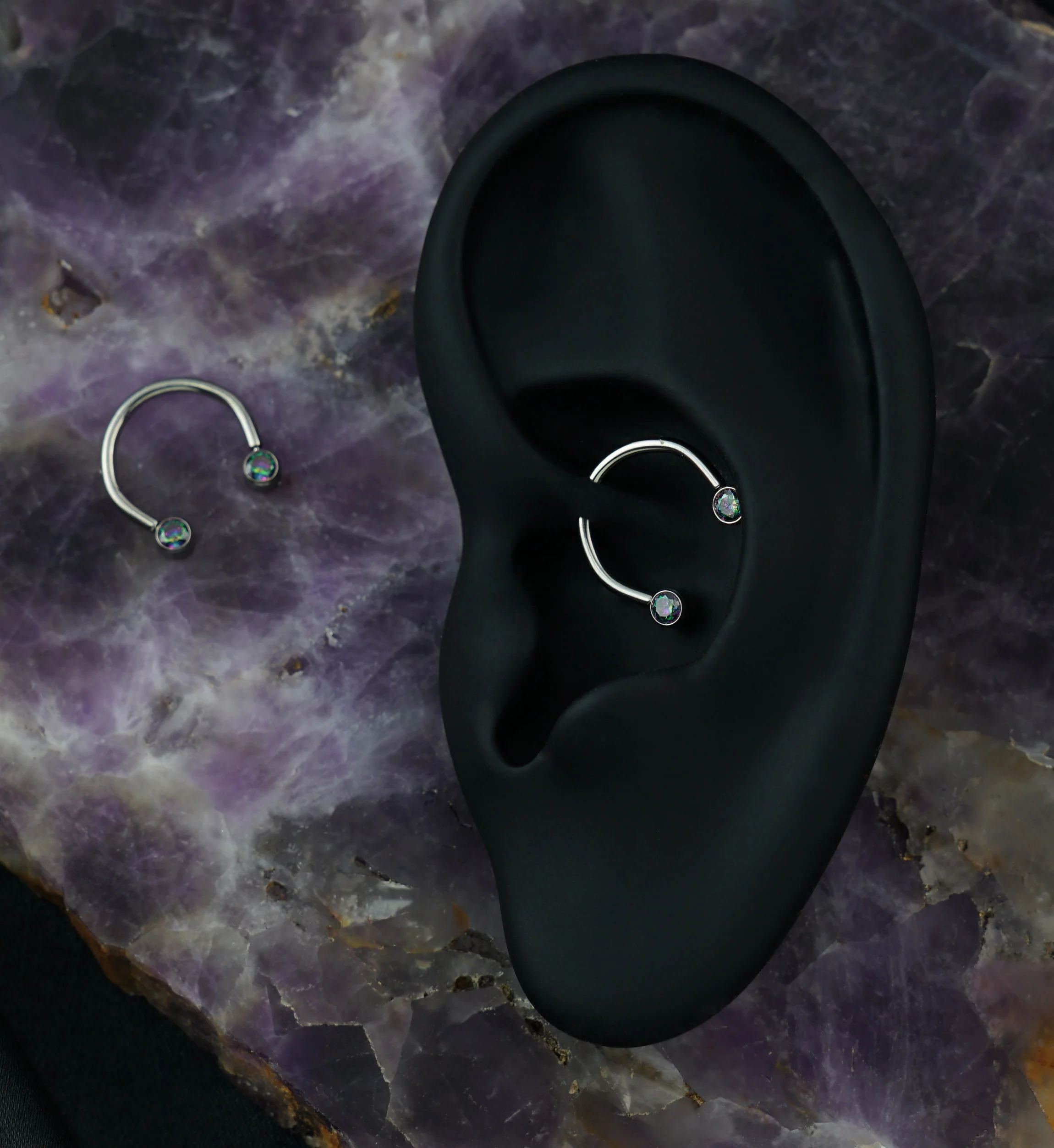 Black Aurora CZ Threadless Titanium Circular Barbell - Image 4