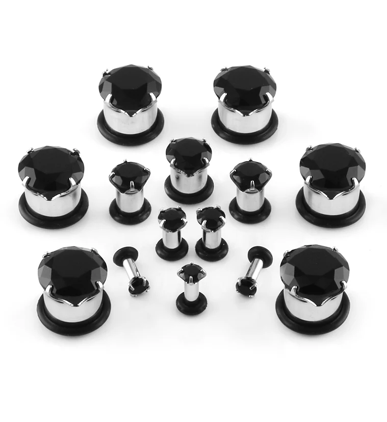 Black Bling CZ Diamond Steel Plugs - Single Flare