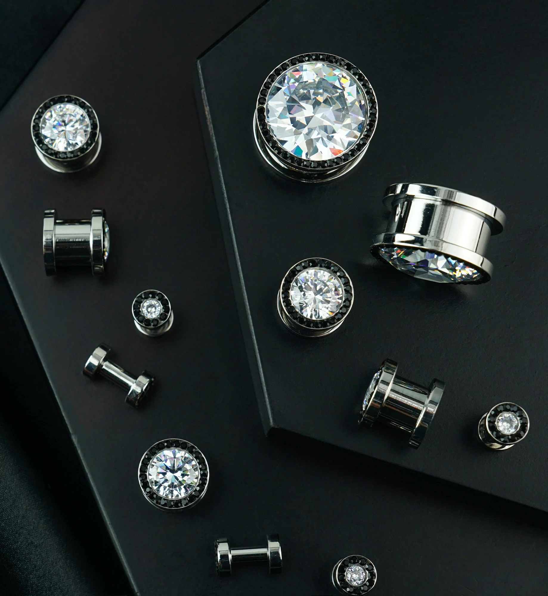 Black & Clear CZ Diamond Stainless Steel Plugs - Image 2
