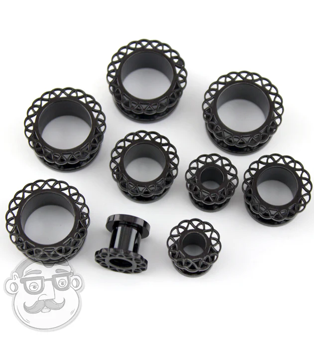 Black Coil Ornamental Stainless Steel Tunnel Plugs - Image 4
