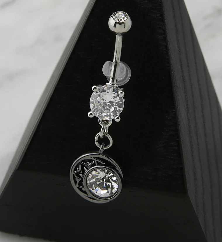 Black Crescent Moon Clear CZ Dangle Belly Button Ring - Image 2