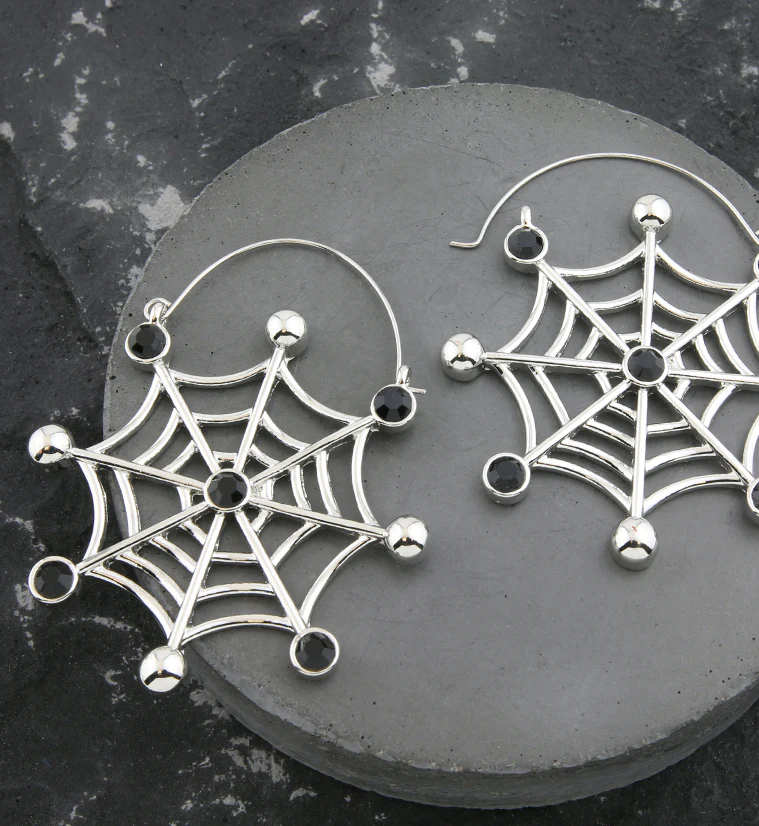 Black Crystal Spiderweb Stainless Steel Plug Hoops - Image 2