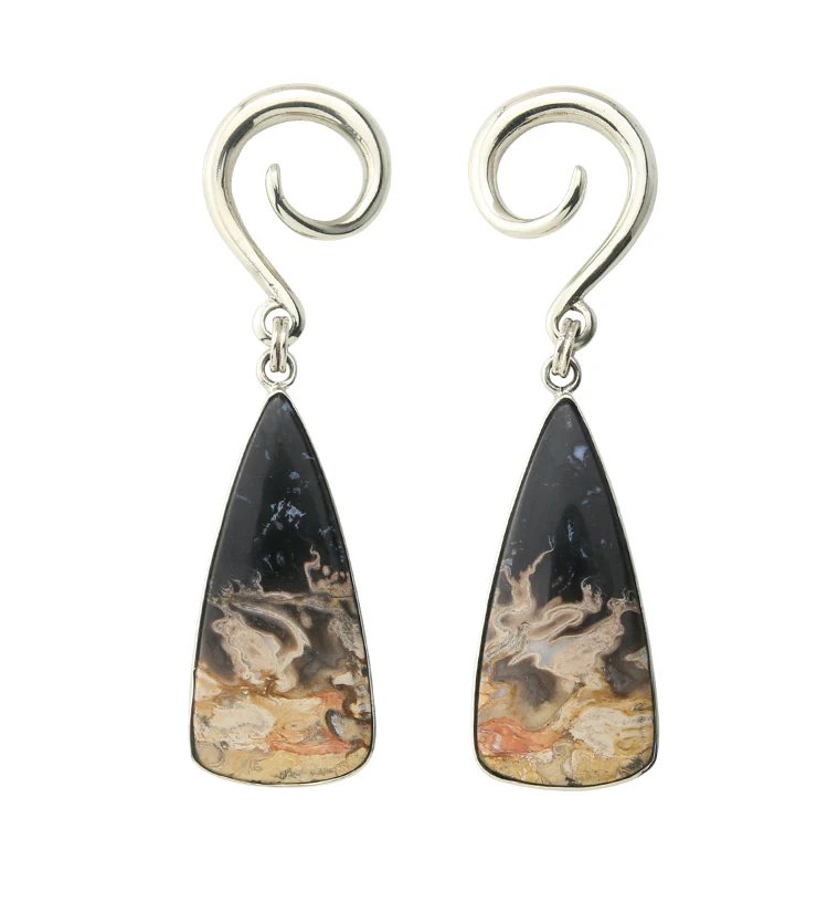 Black Flame Petrified Palm Root Stone White Brass Ear Weights