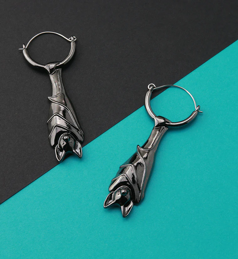 Black Hanging Bat Plug Hoops - Image 2