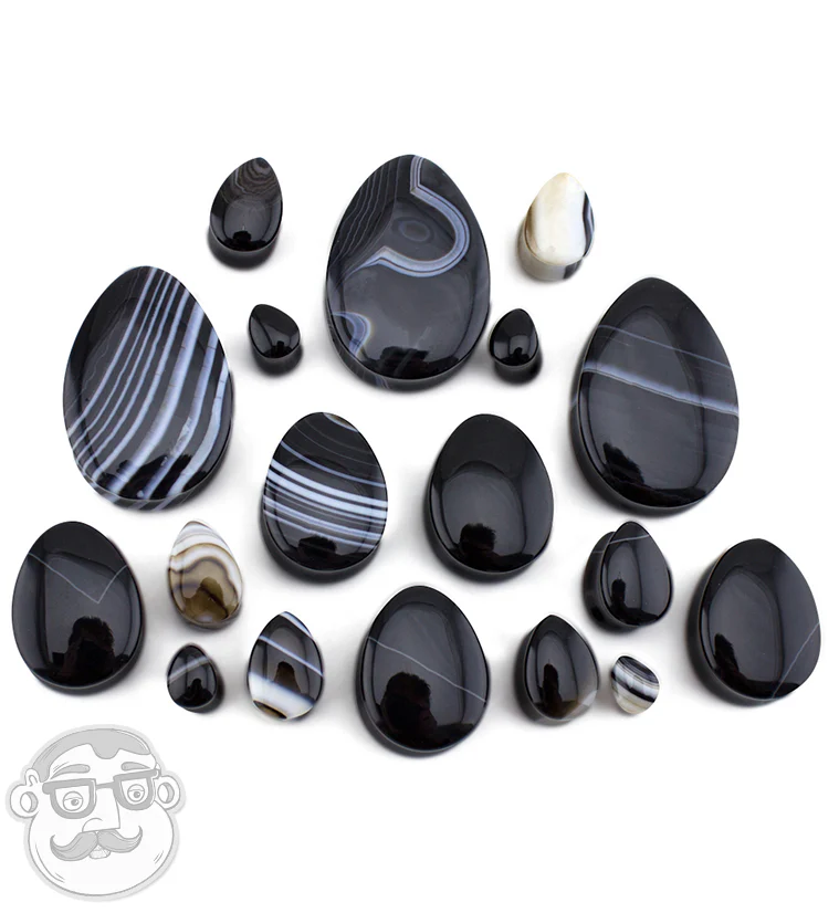 Black Line Agate Stone Teardrop Plugs - Image 2