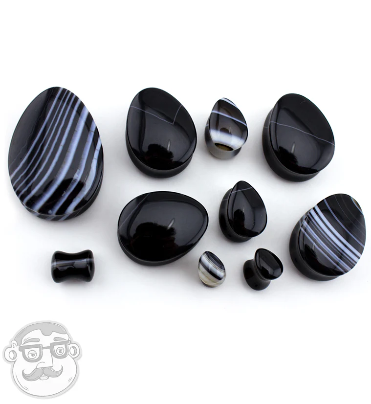 Black Line Agate Stone Teardrop Plugs - Image 3