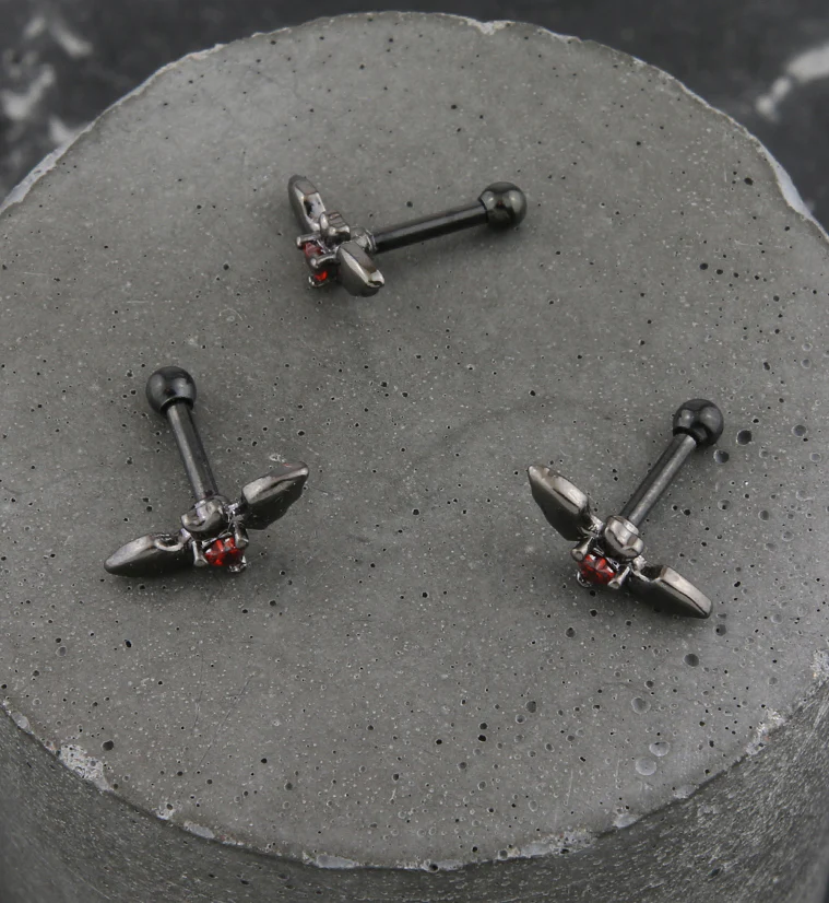 Black PVD Bat Heart Red CZ Cartilage Barbell - Image 2