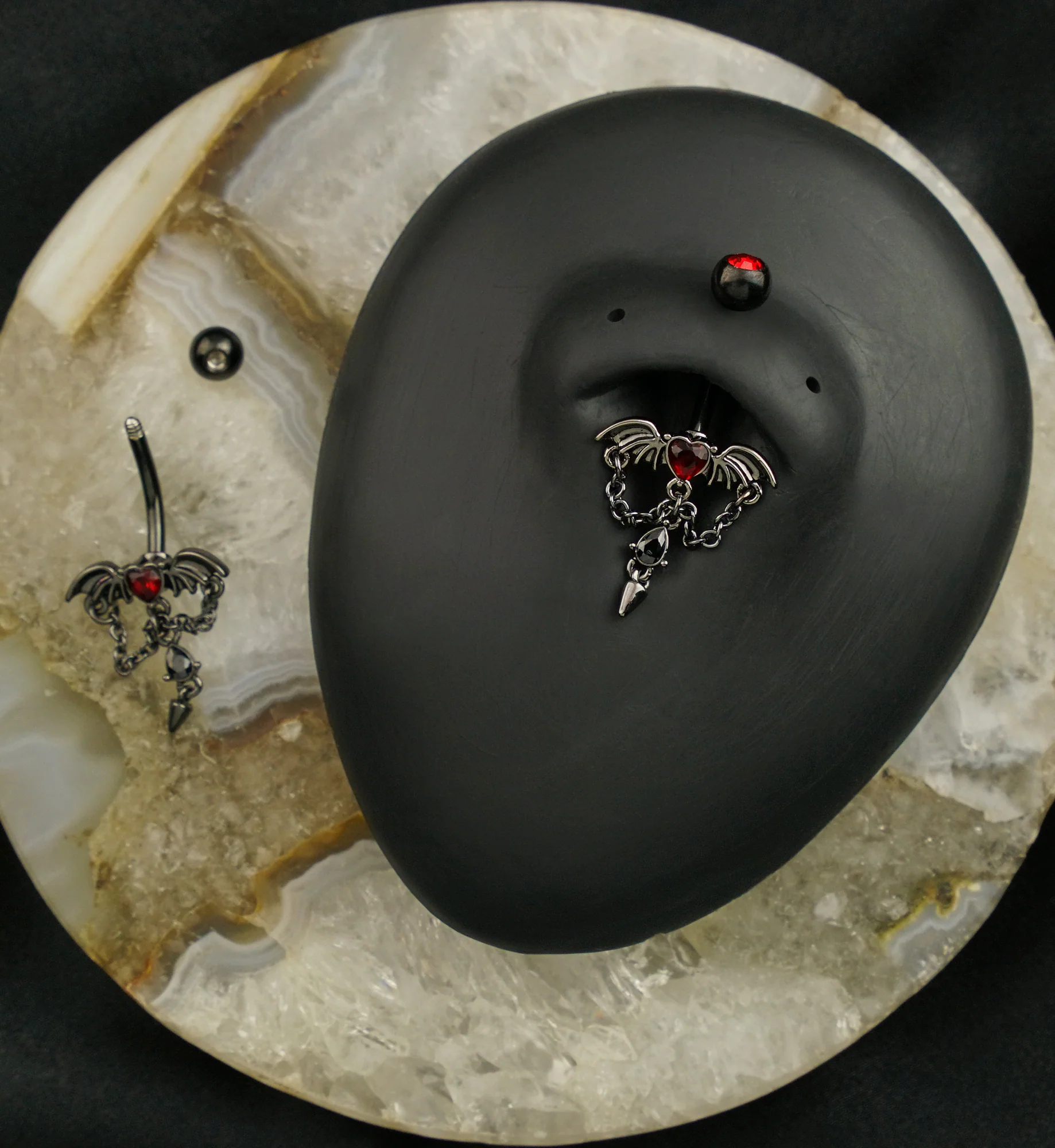 Black PVD Bat Red Heart Dangle Cone CZ Stainless Steel Belly Button Ring - Image 2