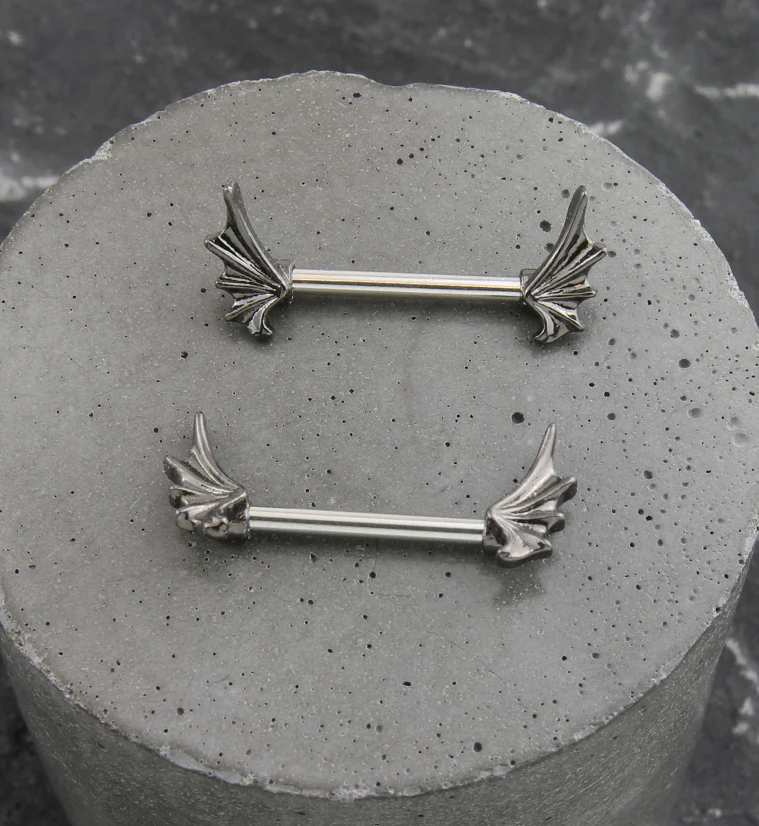 Black PVD Bat Wing Stainless Steel Nipple Barbell - Image 2