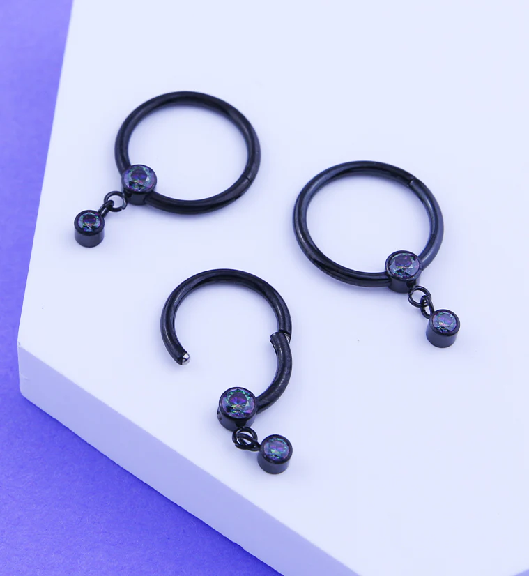 Black PVD Bezel Black Aurora CZ Dangle Hinged Segment Ring - Image 2