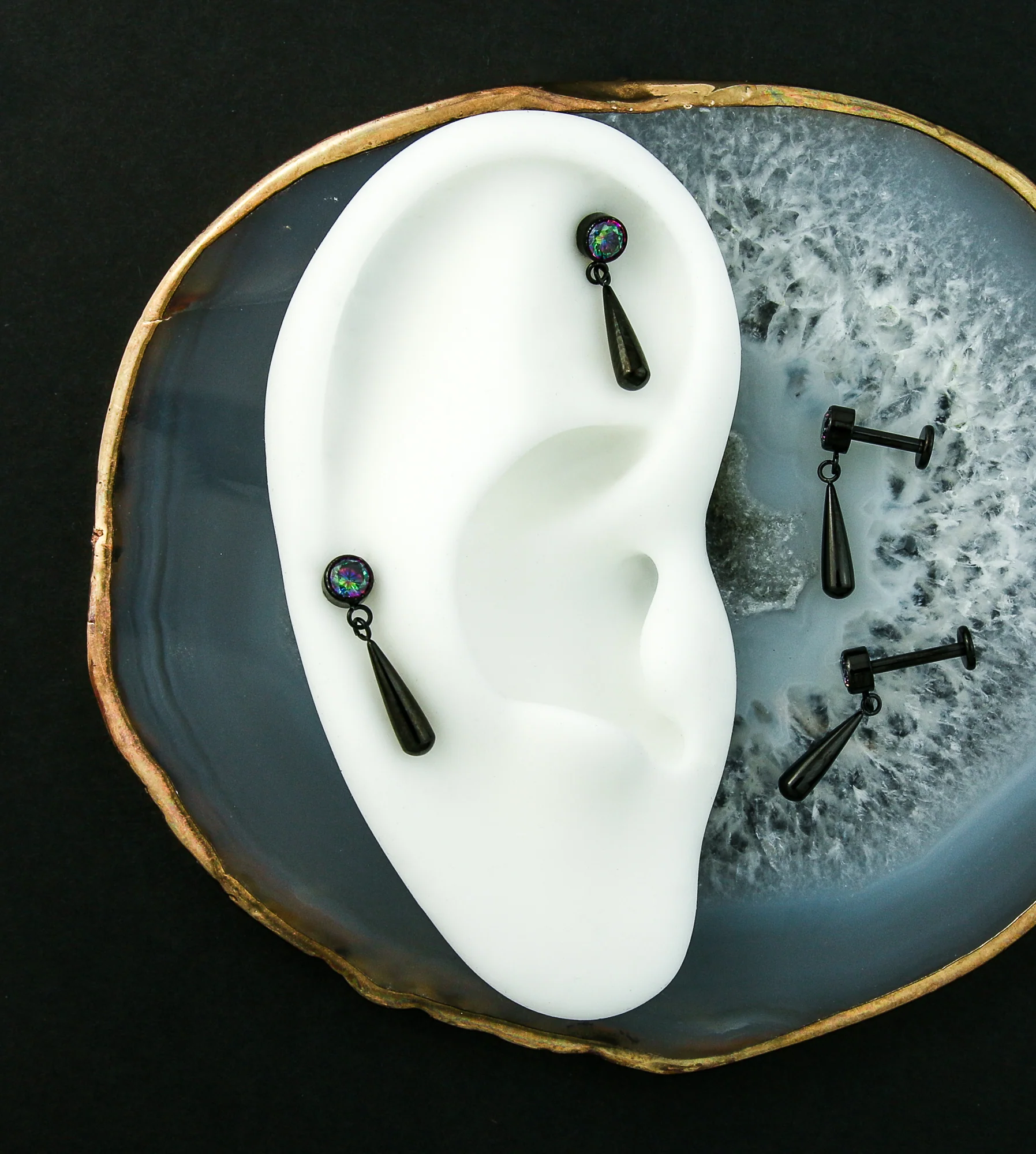Black PVD Black Aurora CZ Dangle Teardrop Internally Threaded Titanium Labret - Image 2