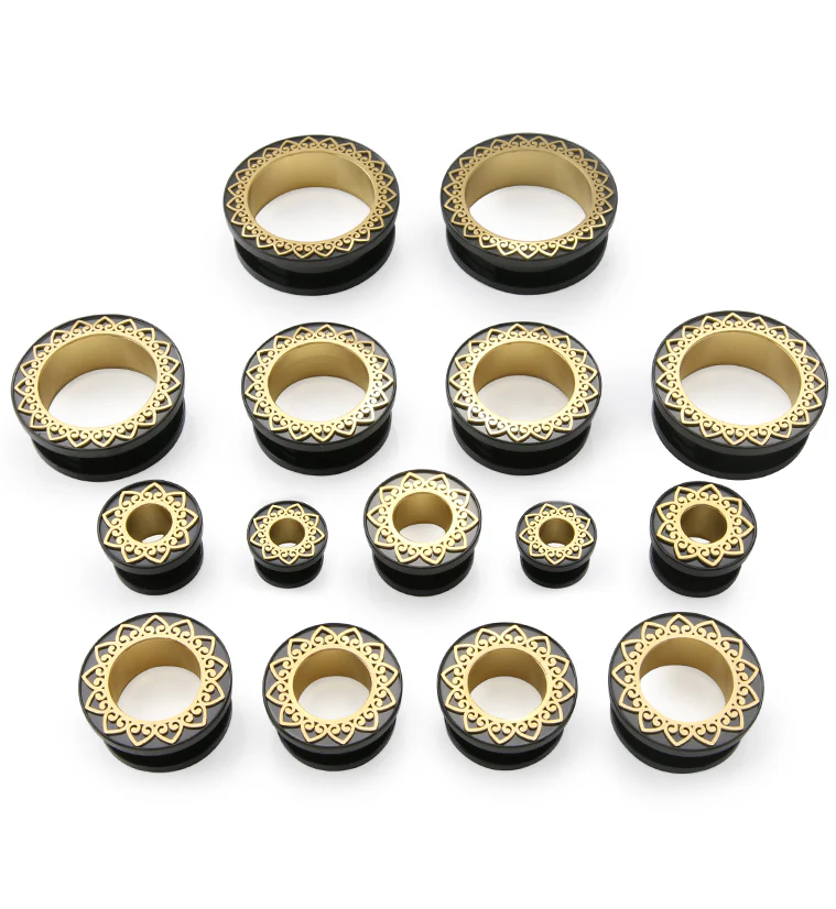Black PVD Brass Filigree Stainless Steel Tunnel Plugs - Image 2