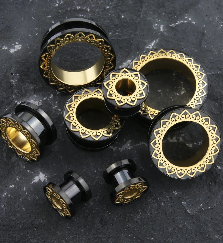Black PVD Brass Filigree Stainless Steel Tunnel Plugs - Image 3
