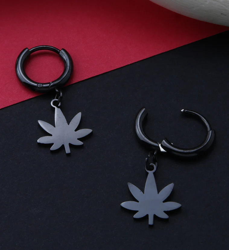 Black PVD Cannabis Stainless Steel Hinged Earrings - Image 2