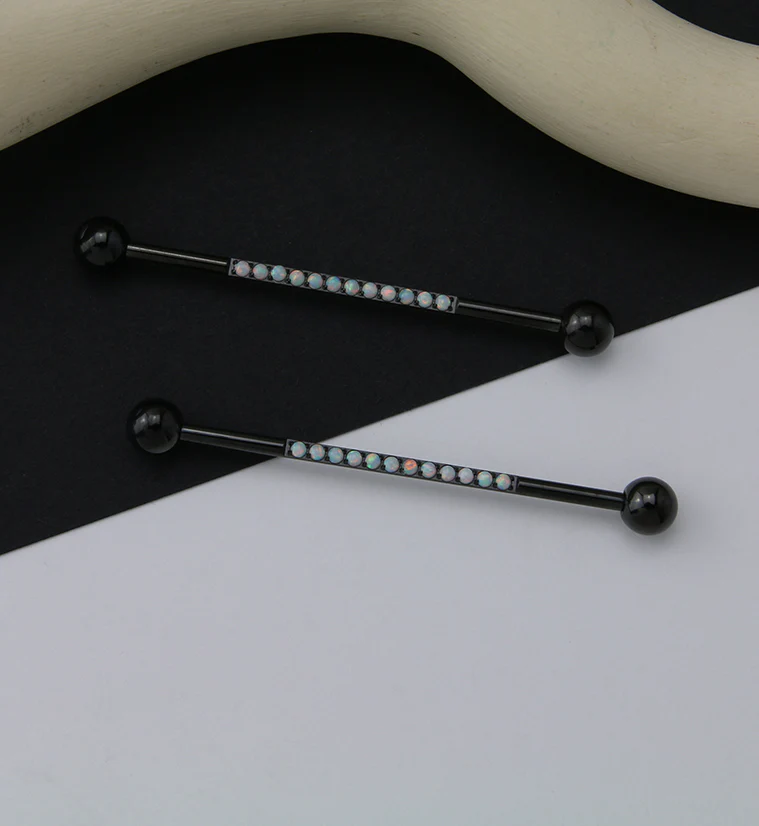 Black PVD Center Line White Opalite Titanium Industrial Barbell - Image 2