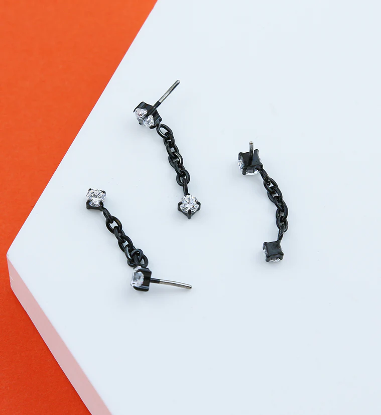 Black PVD Clear CZ Dangle Chain Titanium Threadless Top - Image 2