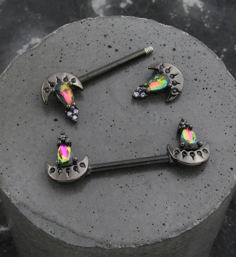 Black PVD Crescent Moon Black Aurora CZ Stainless Steel Nipple Barbell - Image 2