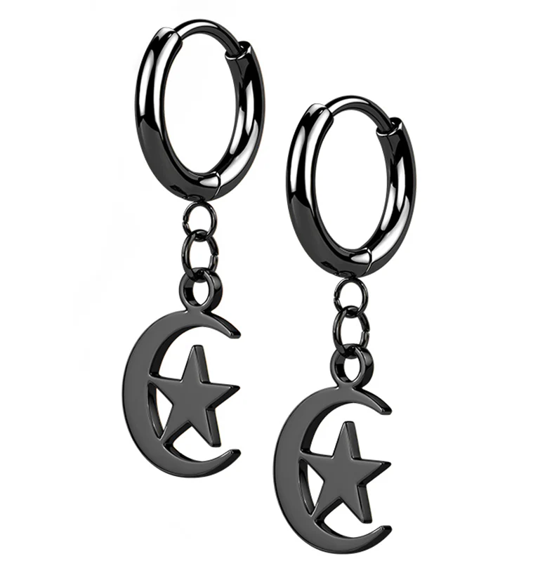 Black PVD Crescent Star Stainless Steel Hinged Earrings