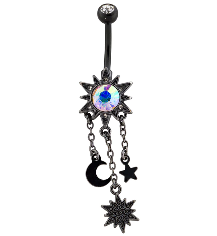 Dangle Cosmos Rainbow Aurora CZ Black PVD Belly Button Ring