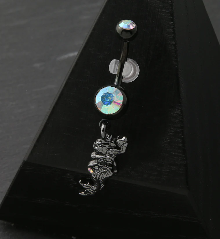 Black PVD Dangle Mermaid Skeleton Rainbow Aurora CZ Belly Button Ring - Image 2