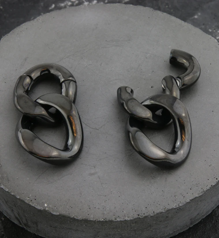 Black PVD Double Chain Link Hinged Ear Weights - Image 2