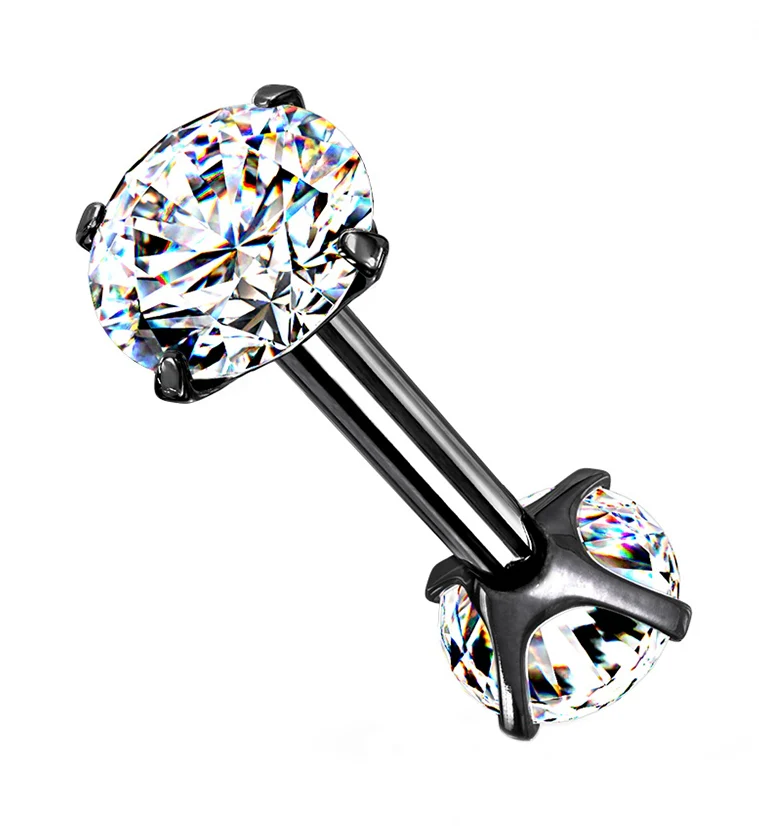 Black PVD Double Round CZ Prong Set Stainless Steel Barbell