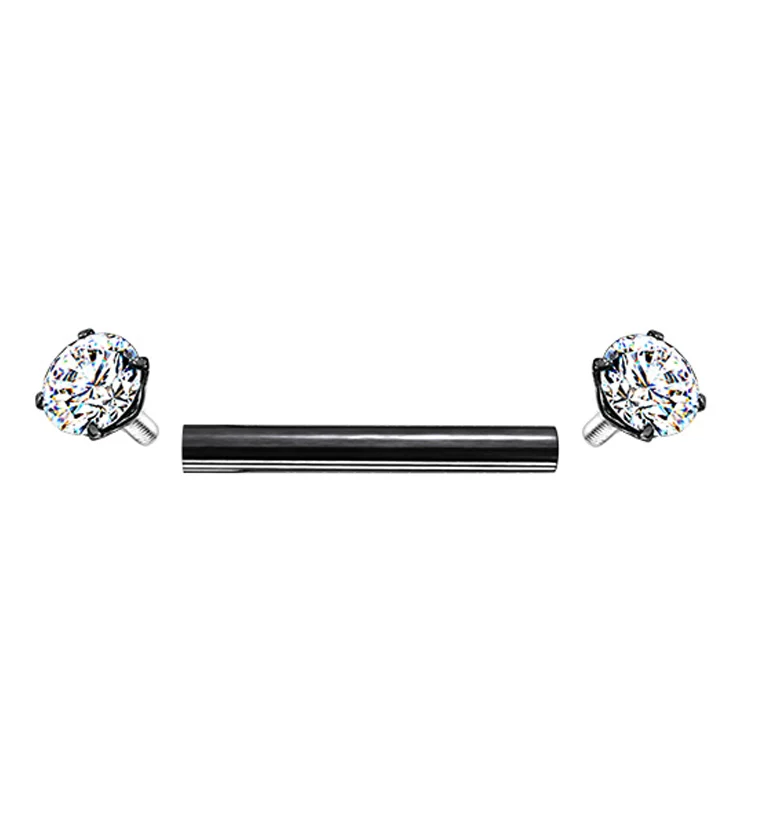 Black PVD Double Round CZ Prong Set Stainless Steel Barbell - Image 2