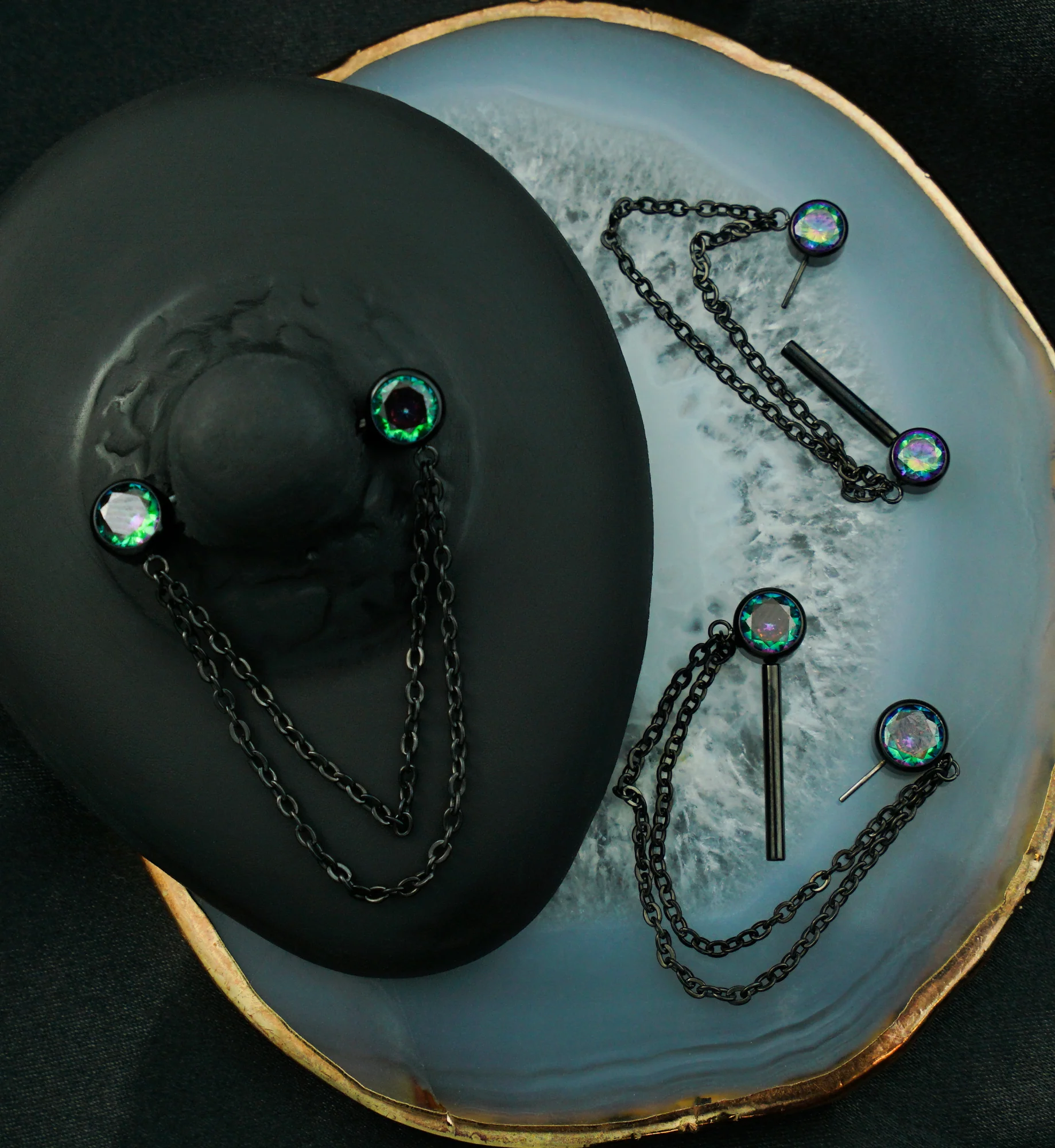 Black PVD Front Facing Black Aurora CZ Double Dangle Threadless Titanium Nipple Barbell - Image 2