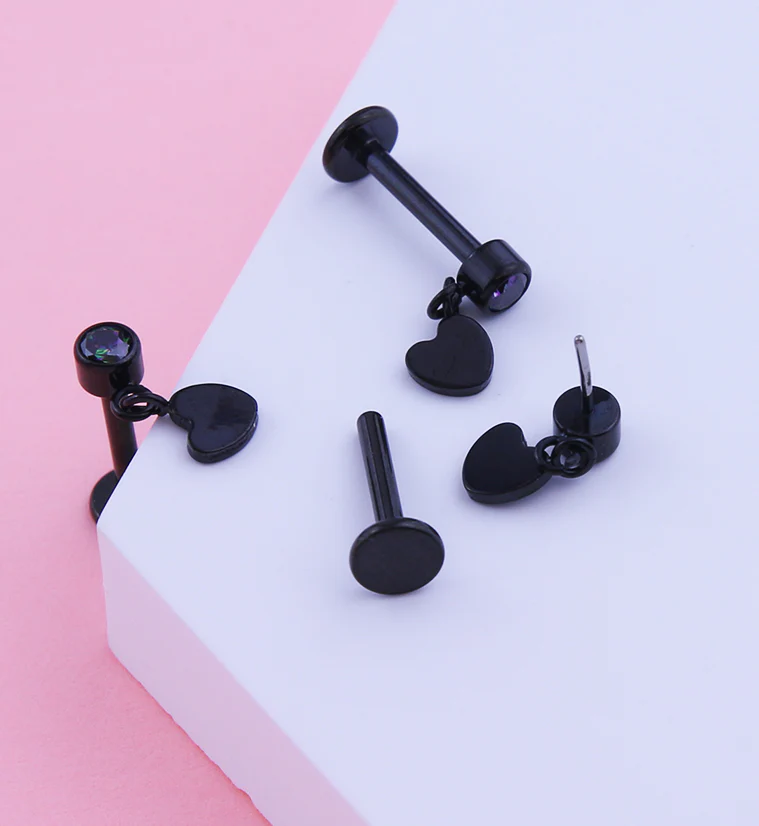 Black PVD Heart Dangle Black Aurora CZ Titanium Threadless Labret - Image 2
