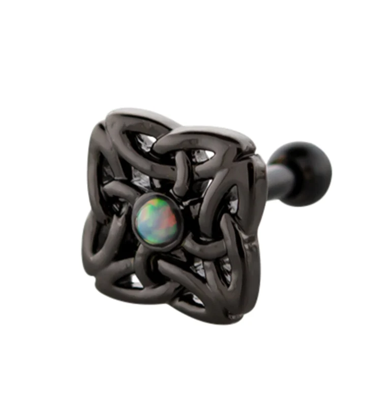 Black PVD Interlaced Square White Opalite Cartilage Barbell