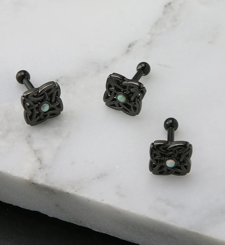 Black PVD Interlaced Square White Opalite Cartilage Barbell - Image 2