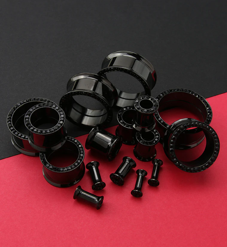 Black PVD Internally Threaded Black CZ Stainless Steel Tunnels - Image 2
