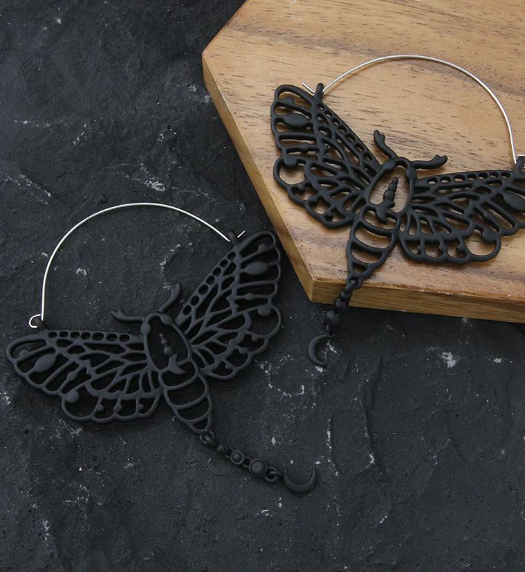 Black Luna Moth Dangle Moon Stainless Steel Plug Hoops - Image 2