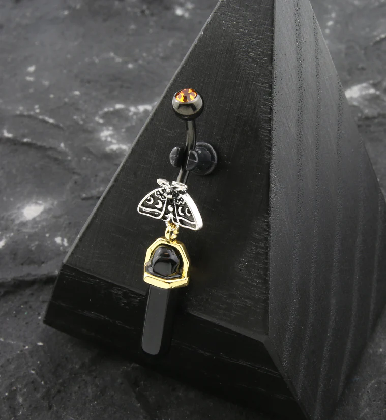 Black PVD Moon Phase Moth Black Crystal Dangle Stainless Steel Belly Button Ring - Image 2
