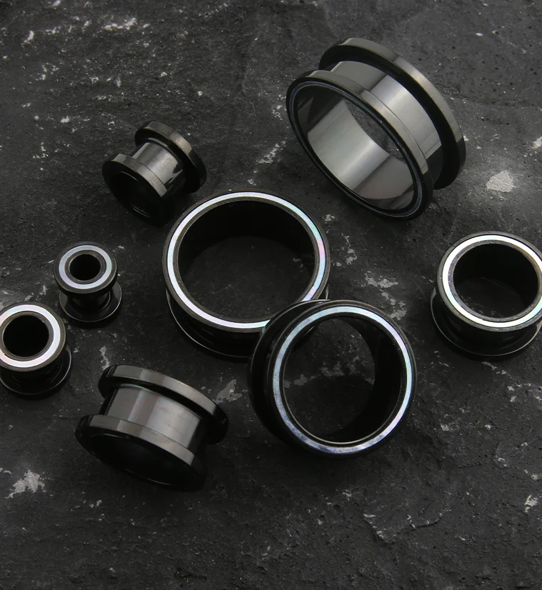 Black PVD MOP Rim Stainless Steel Tunnel Plugs - Image 2