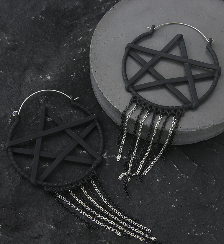 Black Pentagram Dangle Chain Stainless Steel Plug Hoops - Image 2