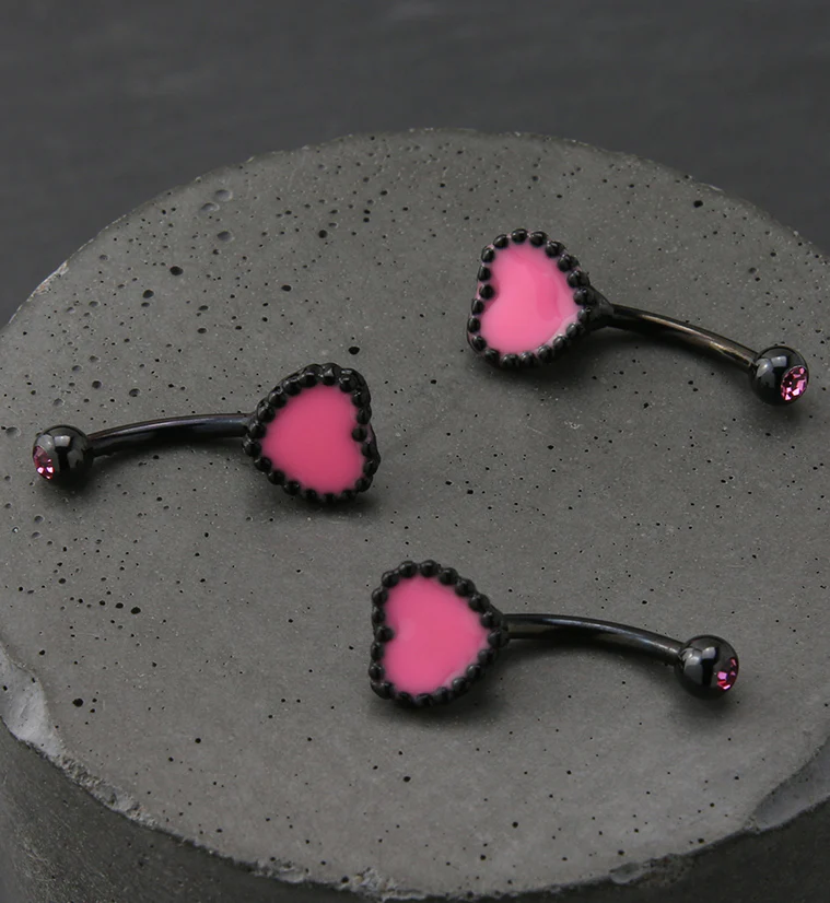 Black PVD Pink Beaded Heart Pink CZ Curved Barbell - Image 2