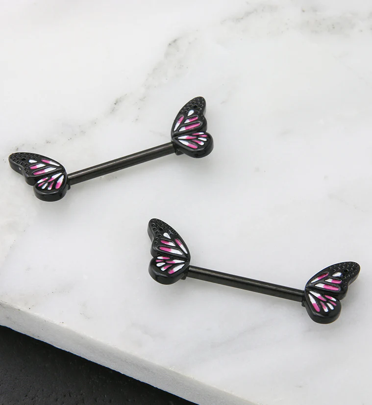Black PVD Pink Butterfly Wing Stainless Steel Nipple Barbell - Image 2